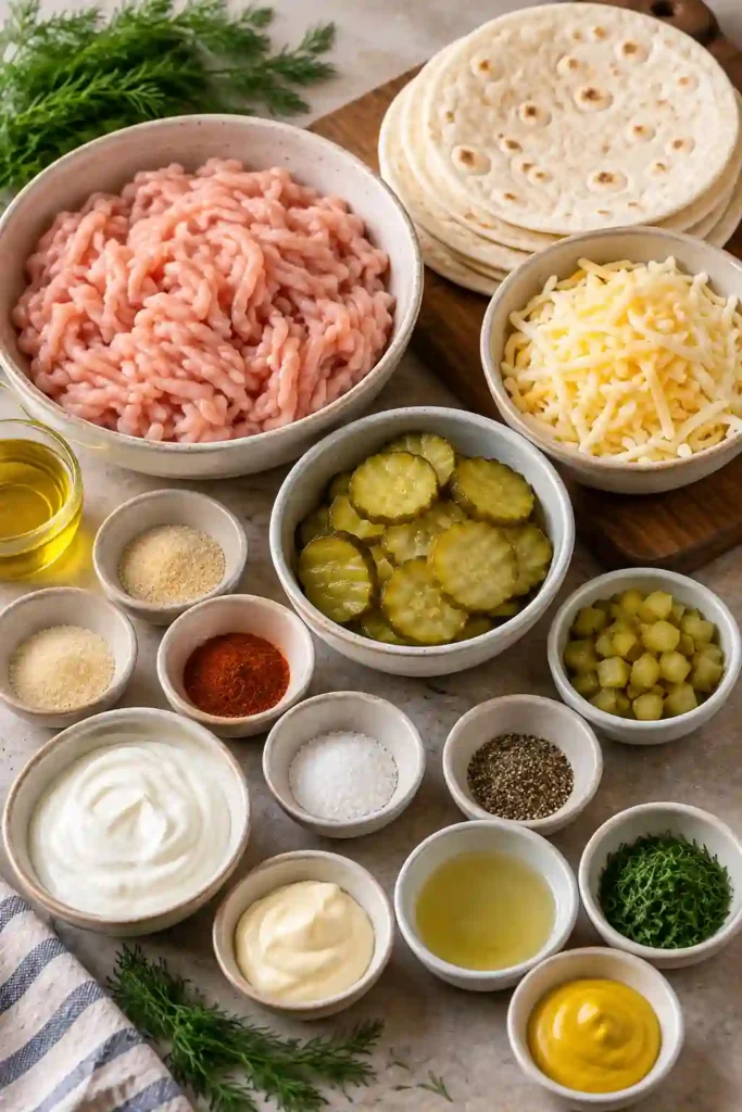 Cheesy Chicken Pickle Smashed Tacos filled with seasoned ground chicken, melted cheese, and dill pickle chips. The crispy tacos are finished with creamy homemade pickle sauce and chopped dill pickles.