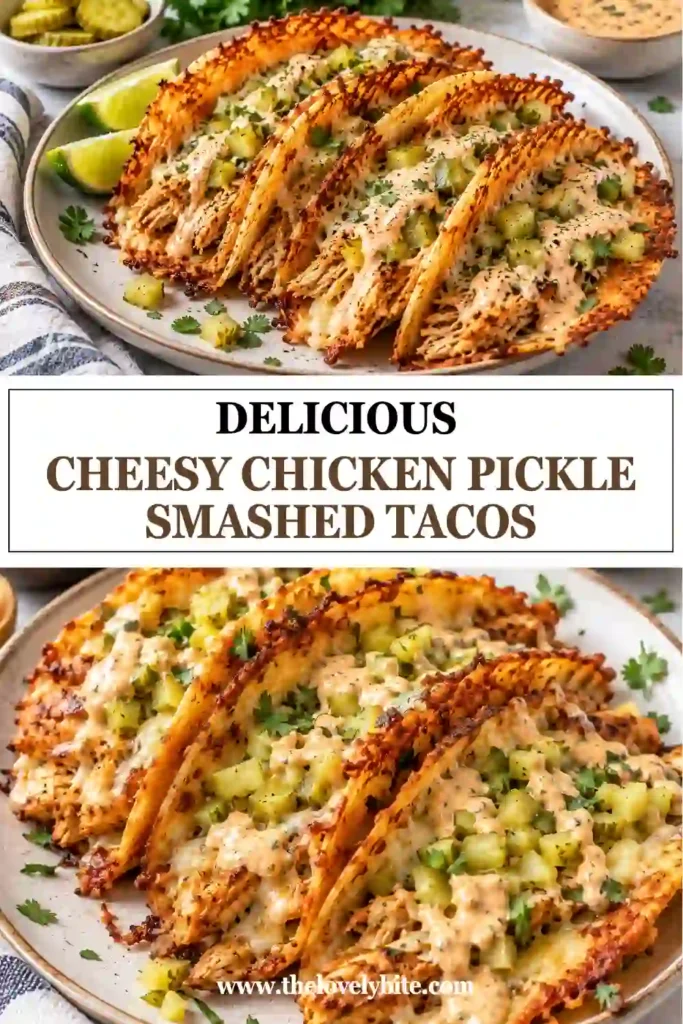 Freshly cooked chicken smash tacos with crispy flour tortillas, juicy ground chicken, gooey cheese, and tangy pickles. Creamy dill pickle sauce is drizzled over the warm tacos.