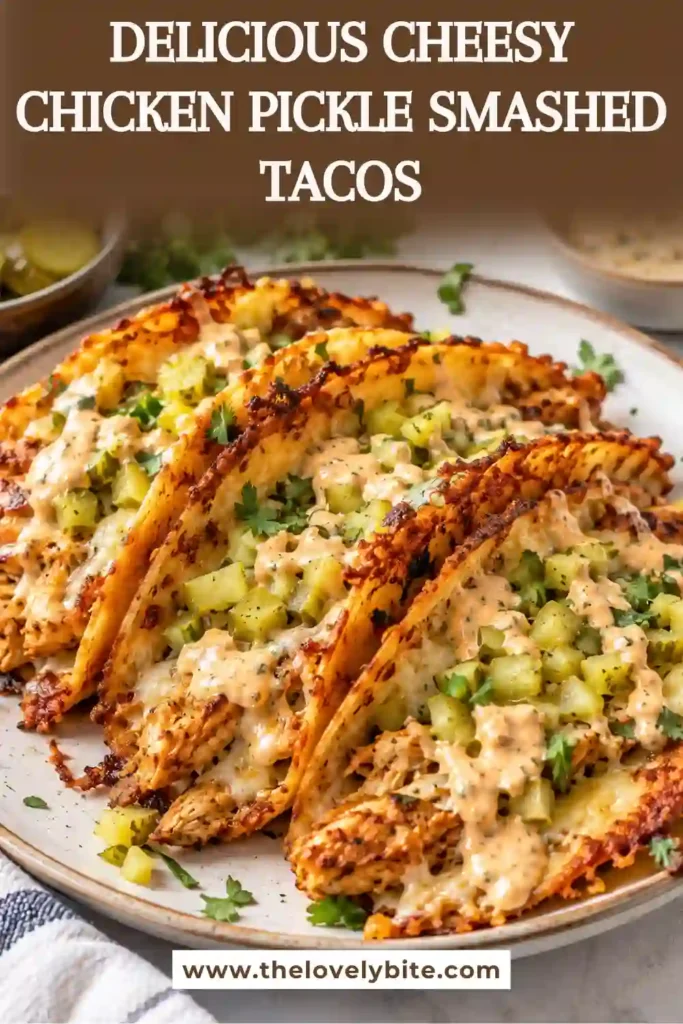 Crispy smashed chicken tacos topped with melted cheese and crunchy dill pickles. These easy skillet tacos are served hot with a creamy pickle and fresh dill sauce.