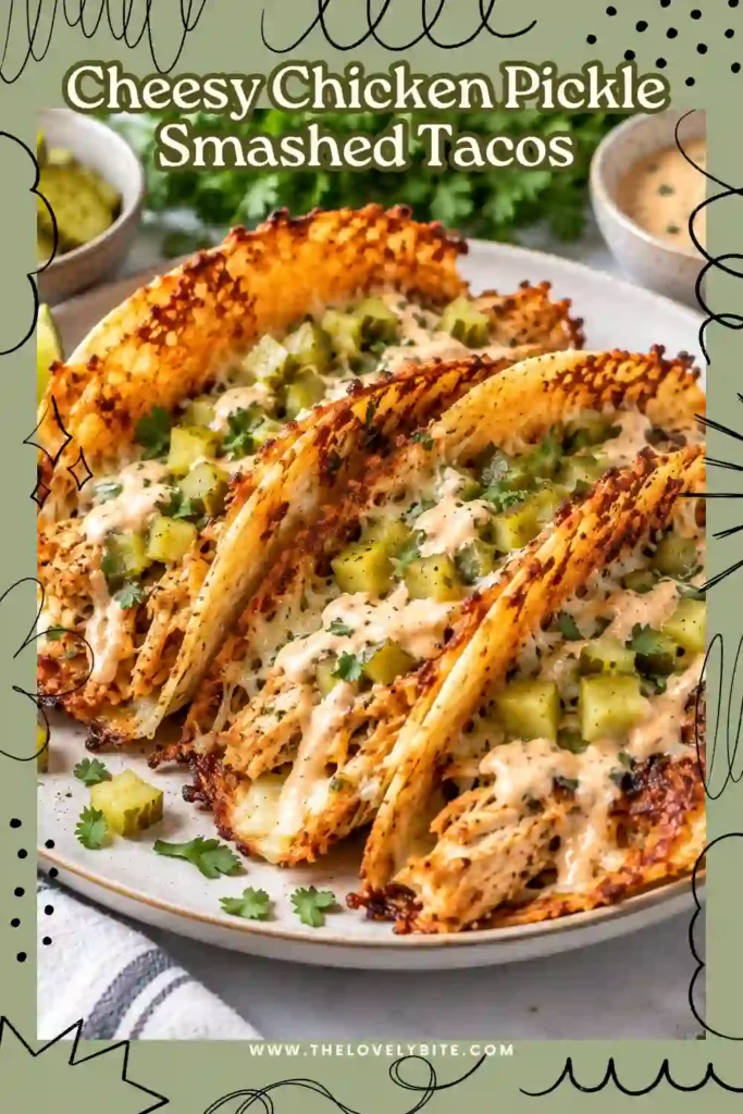 Golden cheesy chicken tacos filled with savory ground chicken and layers of dill pickle chips. A creamy dill pickle sauce adds a cool, tangy finish to the crispy tacos.