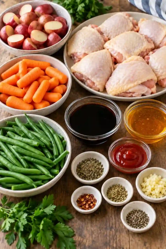 Slow Cooker Honey Garlic Chicken served with tender red potatoes, carrots, and green beans coated in a savory-sweet honey garlic sauce. The chicken thighs have golden, crisp skin and a juicy center.