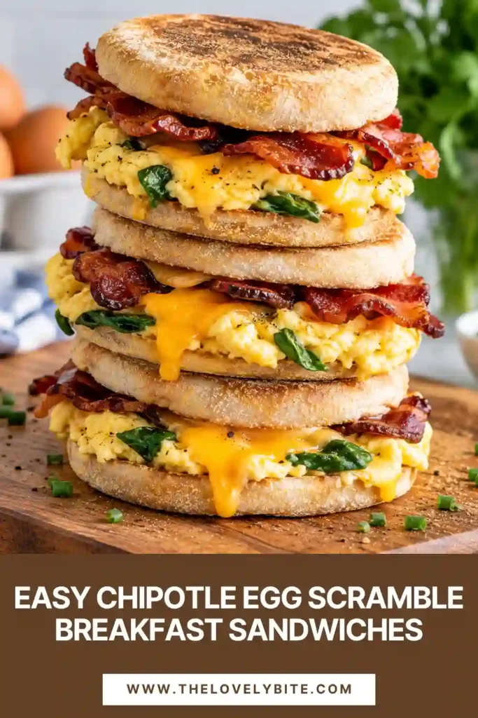 Chipotle Egg Scramble Breakfast Sandwiches filled with fluffy baked eggs, melted cheese, peppers, and savory turkey ham. Creamy chipotle yogurt sauce adds a smoky finish to the toasted English muffin sandwich.