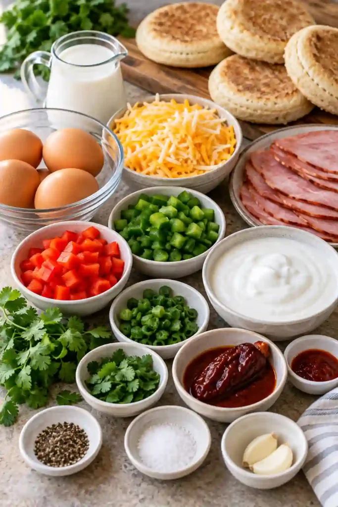 Make ahead breakfast sandwiches with fluffy eggs, melted cheese, red and green bell peppers, and halal turkey ham. Creamy chipotle sauce gives each breakfast sandwich a rich, smoky flavor.
