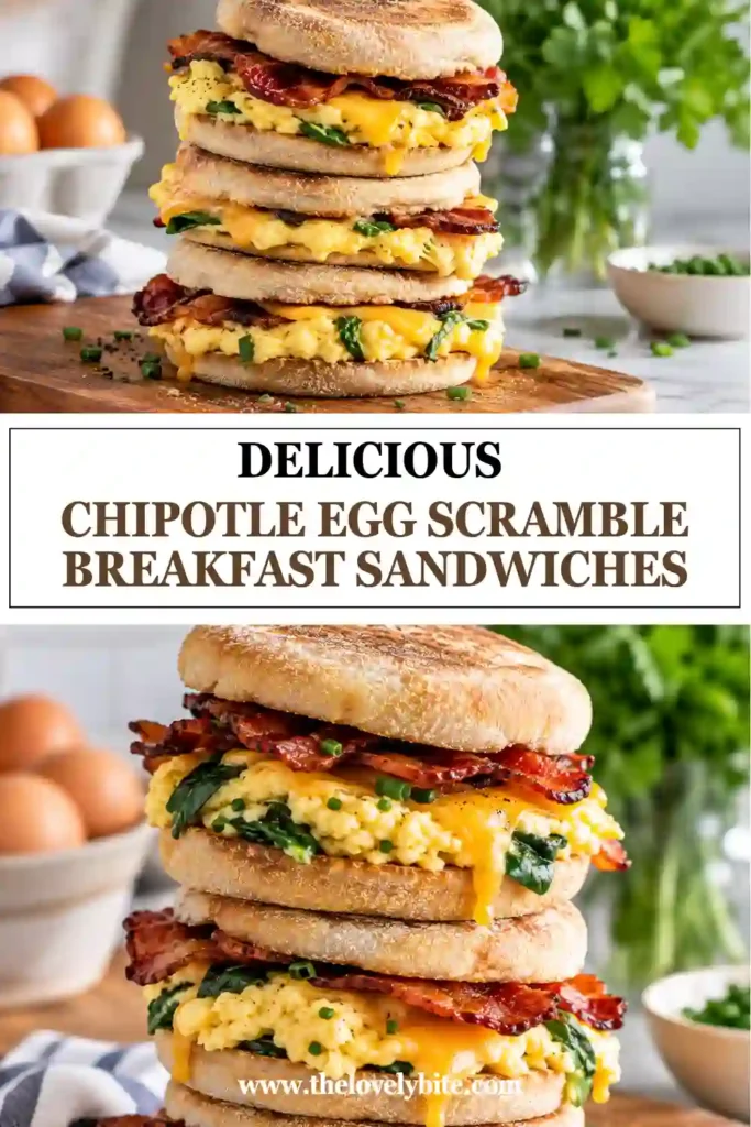 Easy breakfast sandwich made with baked scrambled eggs, cheddar and Monterey Jack cheese, turkey ham, and colorful bell peppers. The toasted English muffin is finished with creamy homemade chipotle sauce.