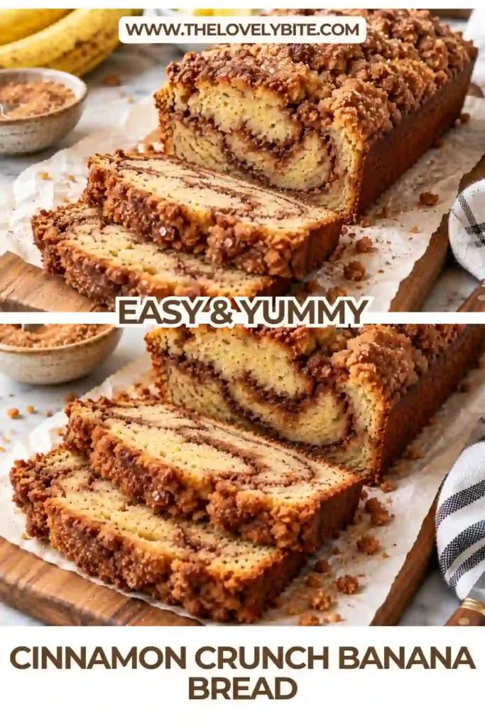 Freshly baked Cinnamon Crunch Banana Bread with a buttery cinnamon topping and tender banana crumb. This moist banana bread features ripe bananas, maple syrup, and a sweet brown sugar crunch.