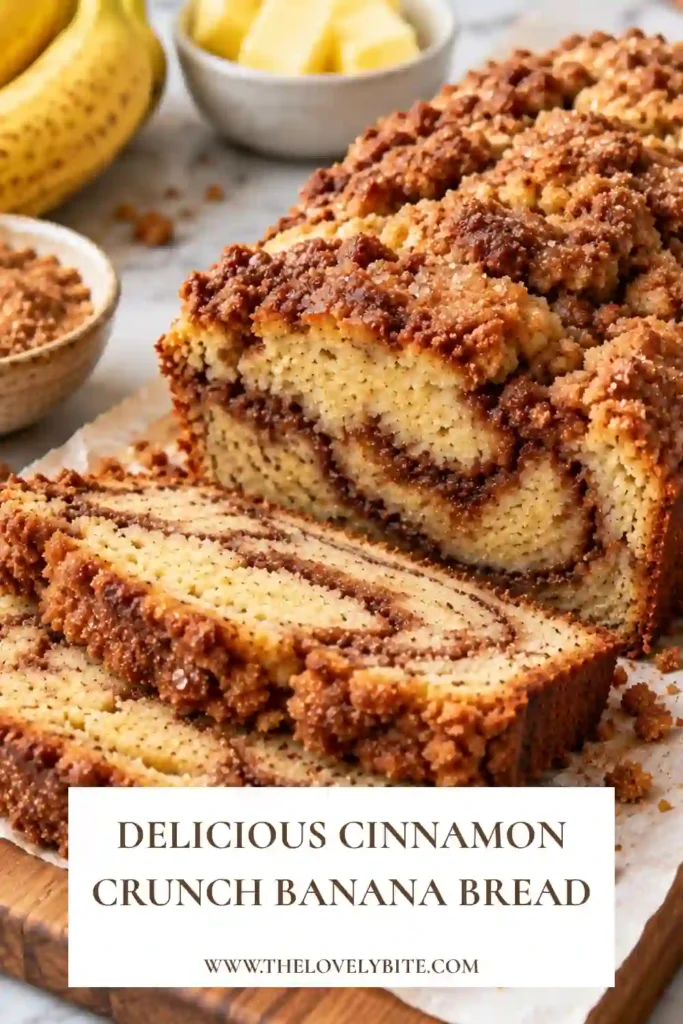 Slices of cinnamon swirl banana bread with a moist interior and caramel-like brown sugar topping. The homemade loaf combines ripe banana flavor with warm cinnamon in every slice.