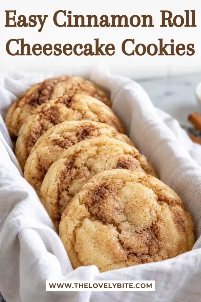 Cinnamon roll cookies with a thick, soft center and rich cream cheese filling. Brown sugar and cinnamon create warm swirls throughout the buttery cookie dough.