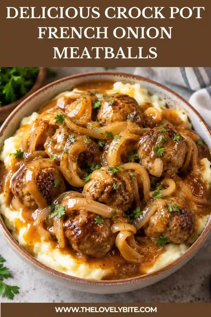 Slow cooker French onion meatballs with caramel-colored onions and melted Gruyère in a savory beef gravy. The cheesy meatballs are ready to serve with mashed potatoes or rice.