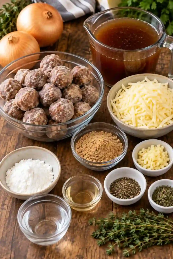 Crock Pot French Onion Meatballs covered with tender onions, rich brown gravy, and melted Gruyère cheese. This easy slow cooker dinner is served hot for a comforting family meal.