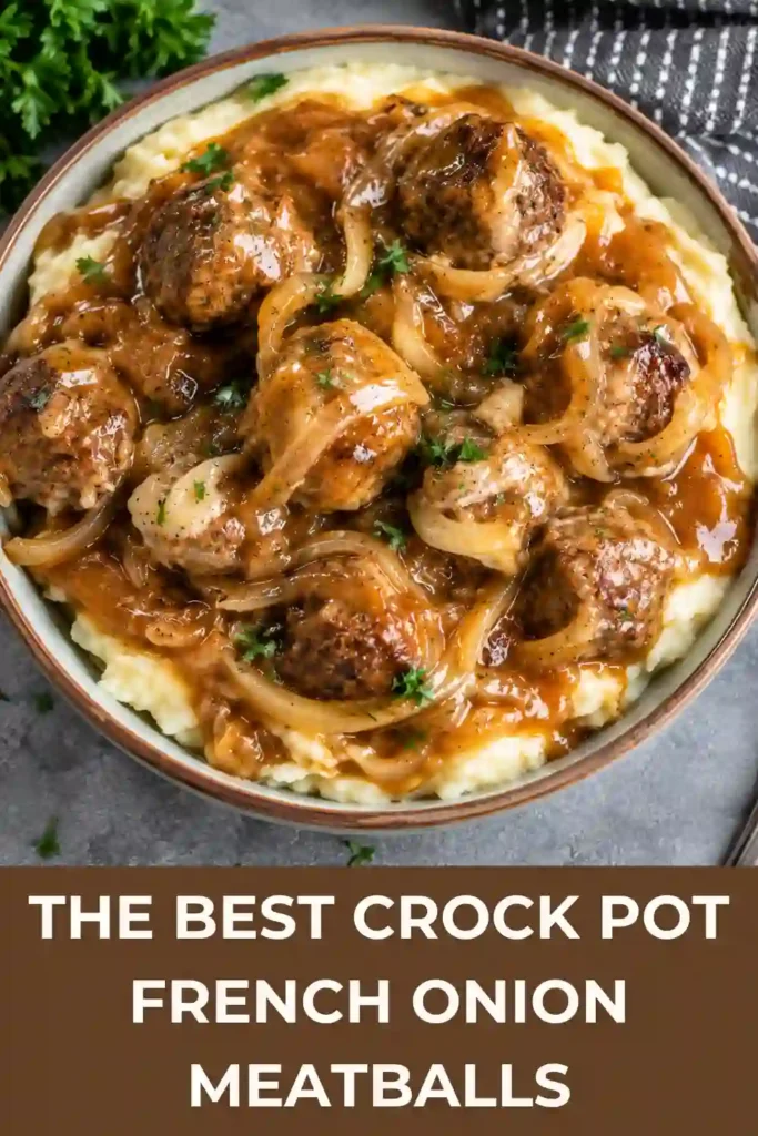 A bowl of Crock Pot French Onion Meatballs coated in thick onion gravy and topped with gooey melted cheese. The easy crock pot meatballs make a hearty, comforting dinner.