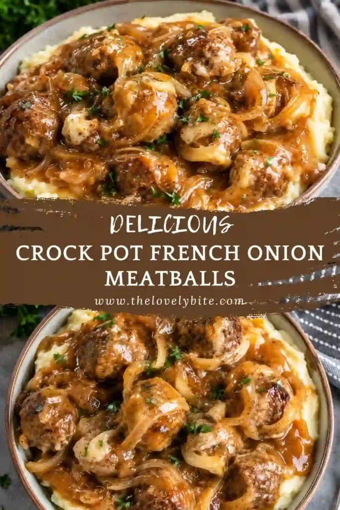 Cheesy French onion meatballs prepared in the slow cooker with sliced onions, beef broth, herbs, and Gruyère cheese. A rich and savory slow cooker dinner served warm.