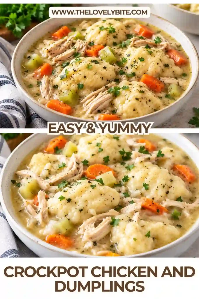 Crockpot Chicken and Dumplings served warm with tender shredded chicken, vegetables, and fluffy biscuit dumplings in a creamy broth. This easy slow cooker dinner has a rich, comforting texture.