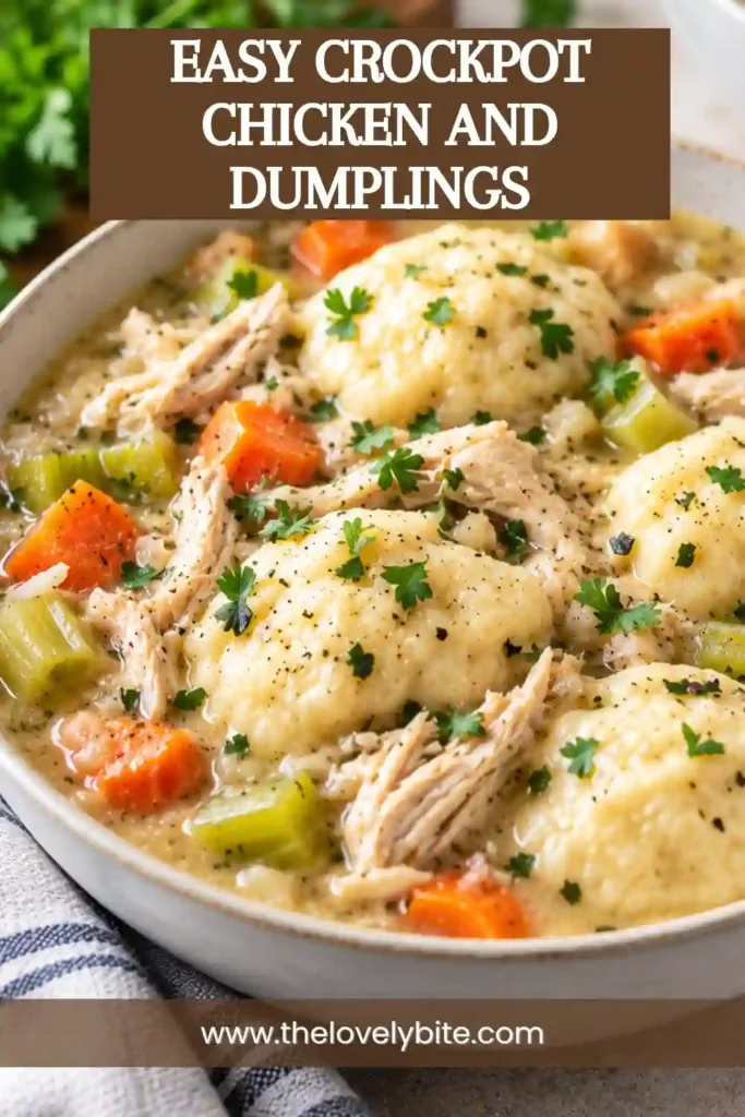 A bowl of creamy Crockpot Chicken and Dumplings made with chicken breasts, peas, carrots, and soft biscuit dumplings. The hearty slow cooker chicken recipe is served with fresh parsley.