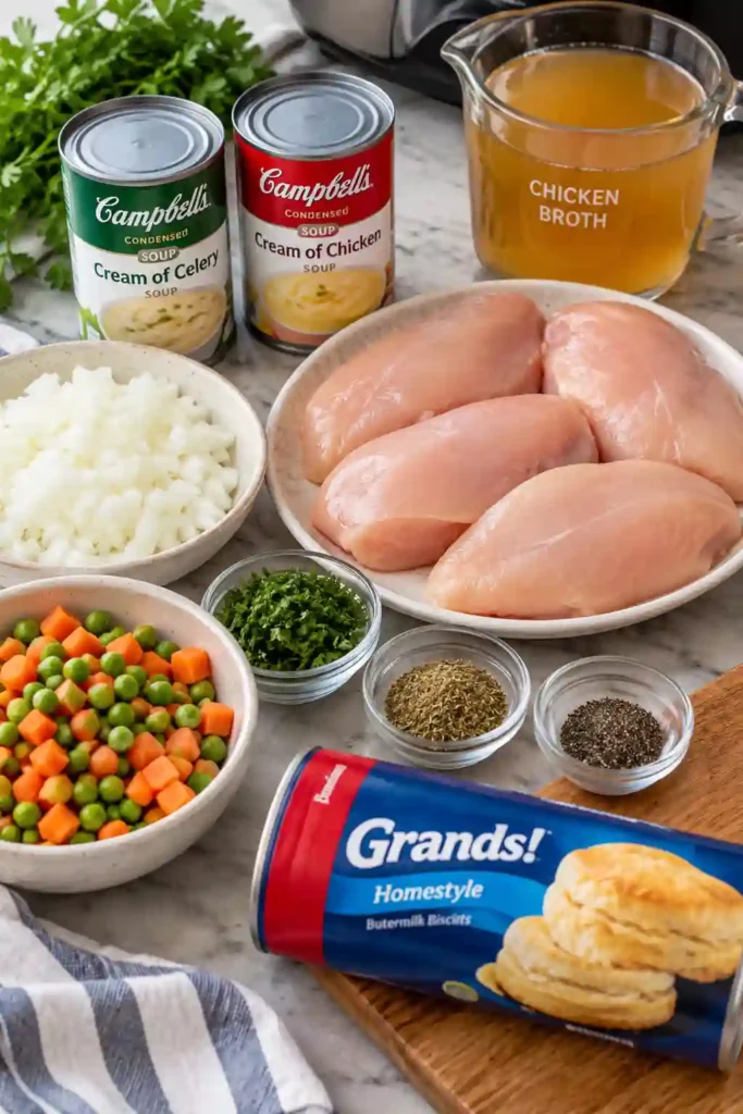 Creamy chicken and dumplings prepared in a slow cooker with shredded chicken, colorful vegetables, and tender biscuit pieces. This cozy chicken and biscuits recipe is thick, hearty, and family-friendly.