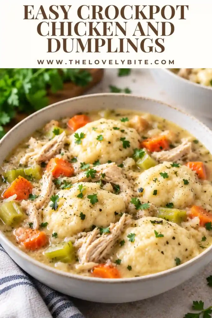 Homemade slow cooker chicken and dumplings featuring tender chicken and vegetables in a thick, creamy sauce. Golden biscuit dumplings make this an easy and satisfying crockpot comfort food dinner.