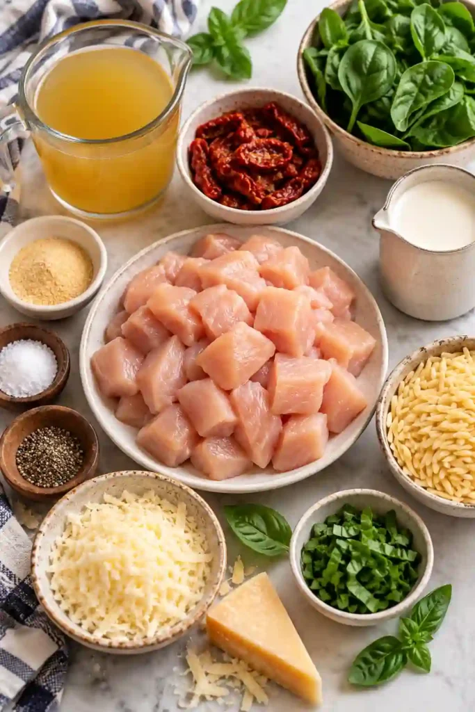 Crockpot Tuscan Chicken With Orzo served warm with tender chicken, spinach, sun-dried tomatoes, and creamy Parmesan orzo. Fresh basil and grated Parmesan add a colorful finishing touch.