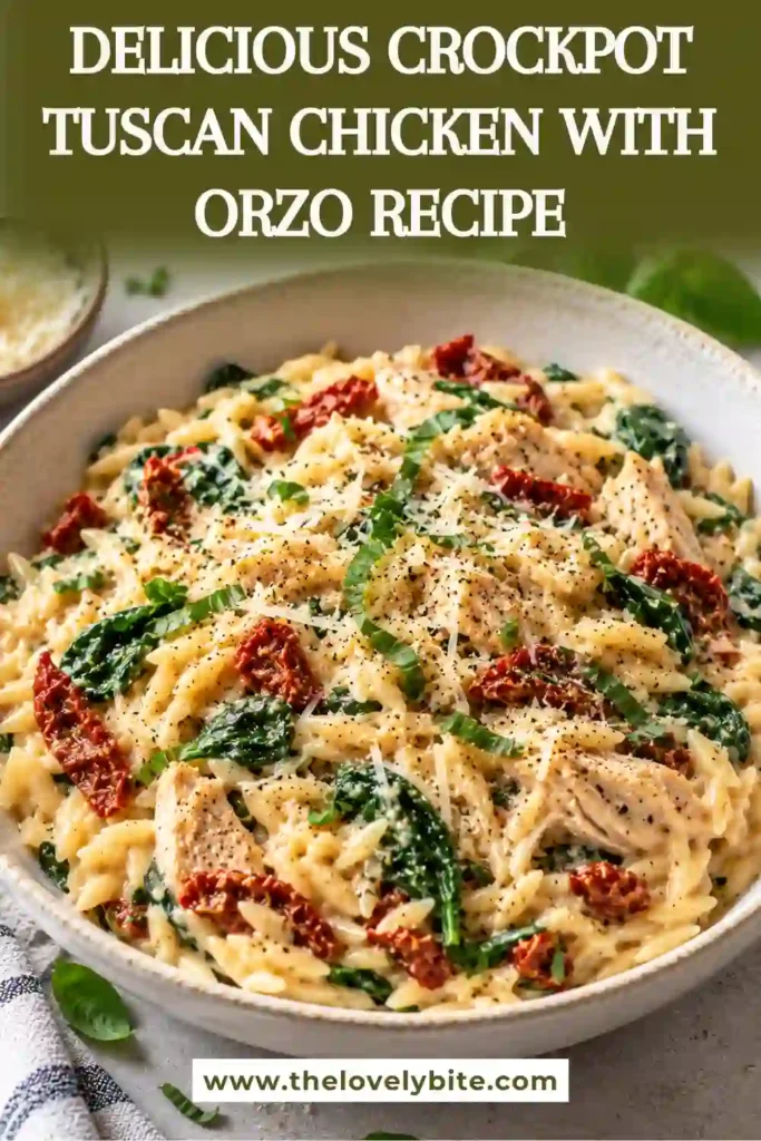 Homemade crockpot chicken and orzo with creamy Parmesan sauce, spinach, chicken, and sun-dried tomatoes. Fresh basil tops this comforting slow cooker dinner.