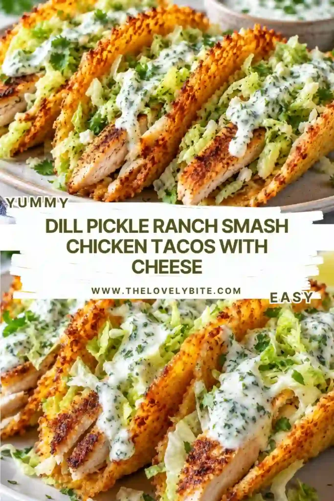 Dill Pickle Ranch Smash Chicken Tacos filled with juicy pickle-marinated chicken, ranch dressing, dill pickles, red onion, and cilantro. Golden crispy cheese lace adds a crunchy finish.