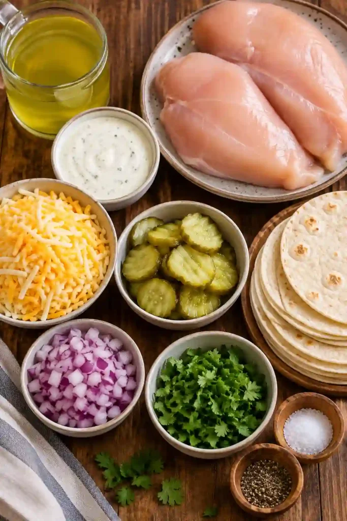 Ranch chicken tacos featuring seared pickle-marinated chicken inside warm tortillas. Crispy cheese lace, dill pickles, cilantro, and red onion complete this easy chicken taco recipe.