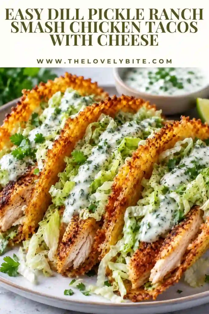 Fresh dill pickle chicken tacos served in warm tortillas with creamy ranch, chopped pickles, red onion, and cilantro. Crispy golden cheese adds texture to the finished tacos.