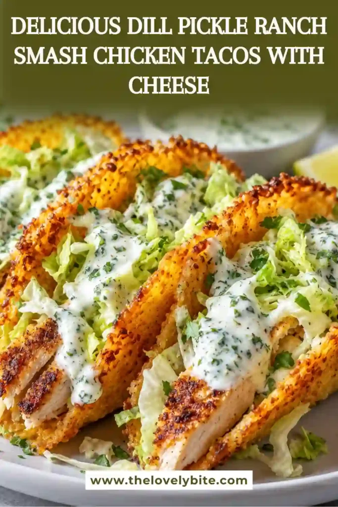 Crispy chicken tacos topped with dill pickles, ranch dressing, fresh cilantro, diced red onion, and delicate cheese lace. The golden chicken and crunchy toppings create a colorful taco dinner.