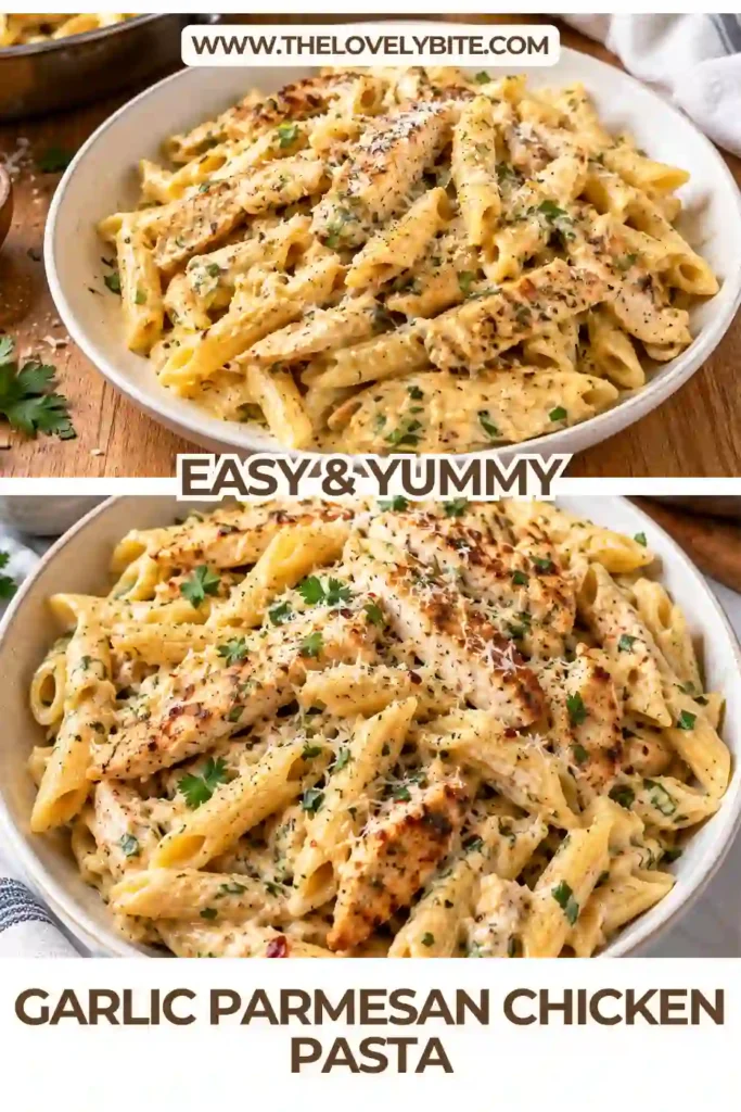Creamy garlic parmesan chicken pasta served with golden sliced chicken breast and tender penne. The pasta is coated in a rich Parmesan cream sauce with garlic, onion, and fresh parsley.