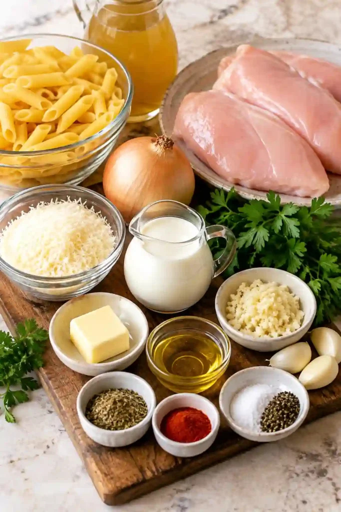 Garlic Parmesan Chicken Pasta with sliced seasoned chicken and penne coated in a creamy garlic Parmesan sauce. Fresh parsley and grated Parmesan finish this comforting one-pan chicken pasta.