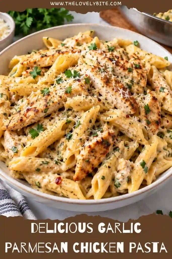 One pot chicken pasta with juicy seasoned chicken, penne, Parmesan cheese, and creamy garlic sauce. Fresh parsley adds color to this easy chicken pasta dinner.