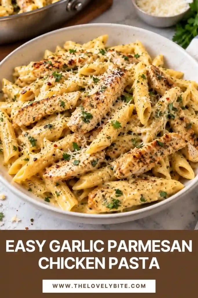 Creamy penne pasta topped with sliced garlic Parmesan chicken and fresh parsley. The rich Parmesan sauce coats the pasta and chicken for a comforting family-style dinner.