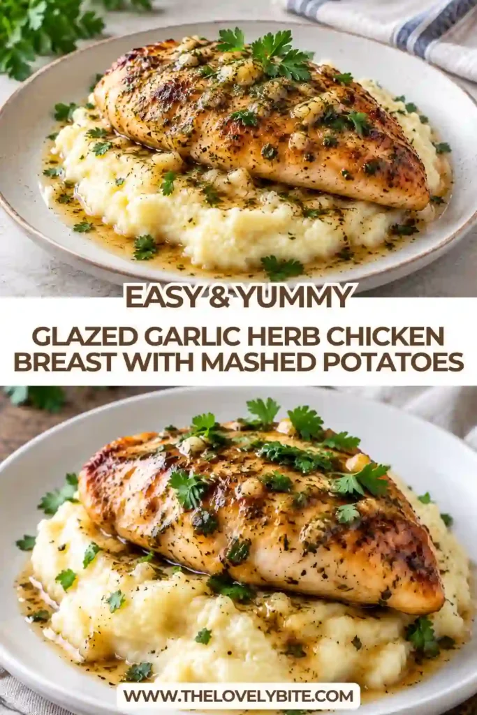 Juicy garlic herb chicken breast layered over buttery creamy mashed potatoes and finished with honey garlic pan sauce. The golden chicken is garnished with fresh parsley.