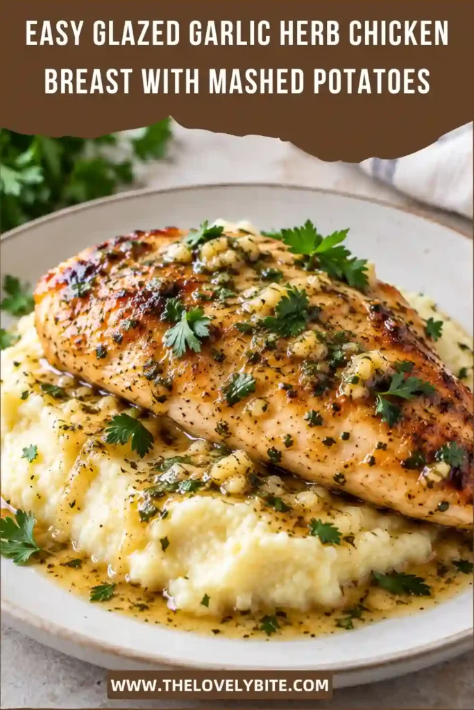 Golden chicken breast with pan sauce served on a generous bed of smooth mashed potatoes. Garlic, herbs, and honey create a glossy glaze over the tender chicken.