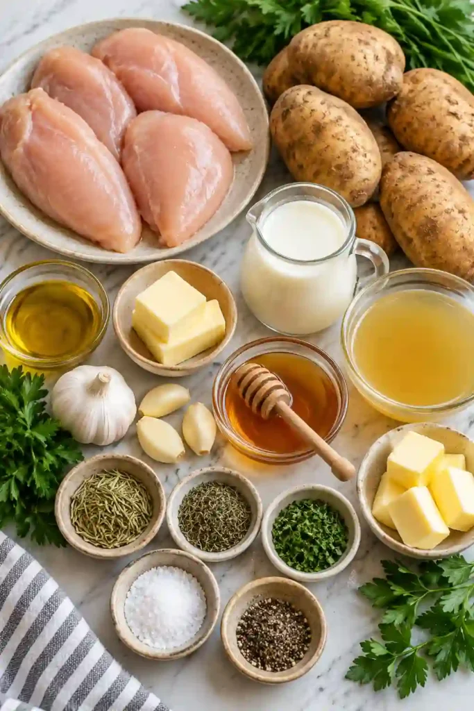 Glazed Garlic Herb Chicken Breast served over creamy mashed potatoes with a glossy garlic herb pan sauce. Fresh parsley adds color to this comforting easy chicken dinner.