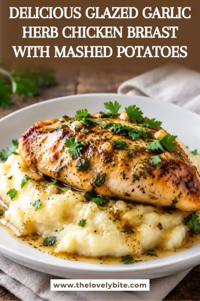 Homemade Glazed Garlic Herb Chicken Breast with creamy mashed potatoes and savory pan sauce. This comforting plate features golden chicken, buttery potatoes, and fresh parsley.