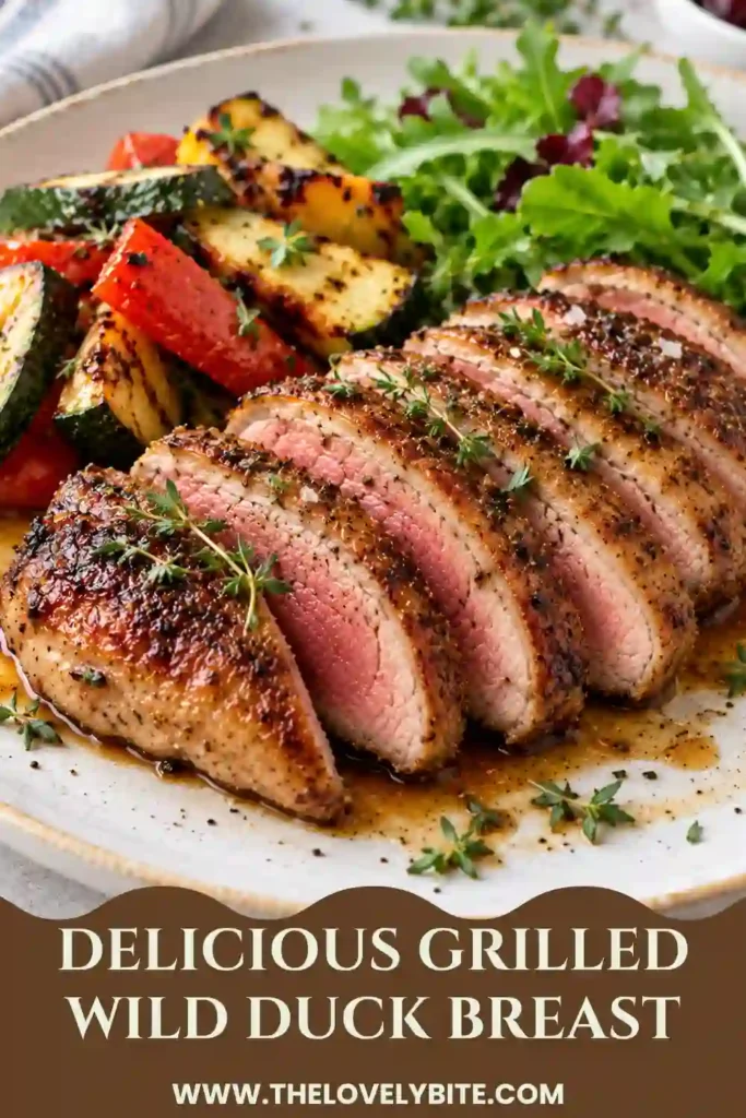Juicy grilled duck breast sliced on a serving plate with visible grill marks. This easy wild duck recipe uses a simple garlic and olive oil marinade for bold savory flavor.