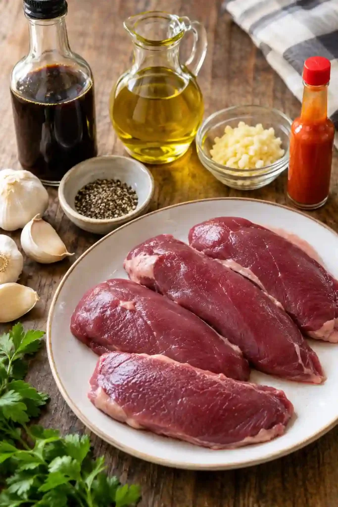 Grilled Wild Duck Breast sliced and served after cooking over a hot grill. The duck has a deeply browned exterior with savory garlic and Worcestershire marinade.