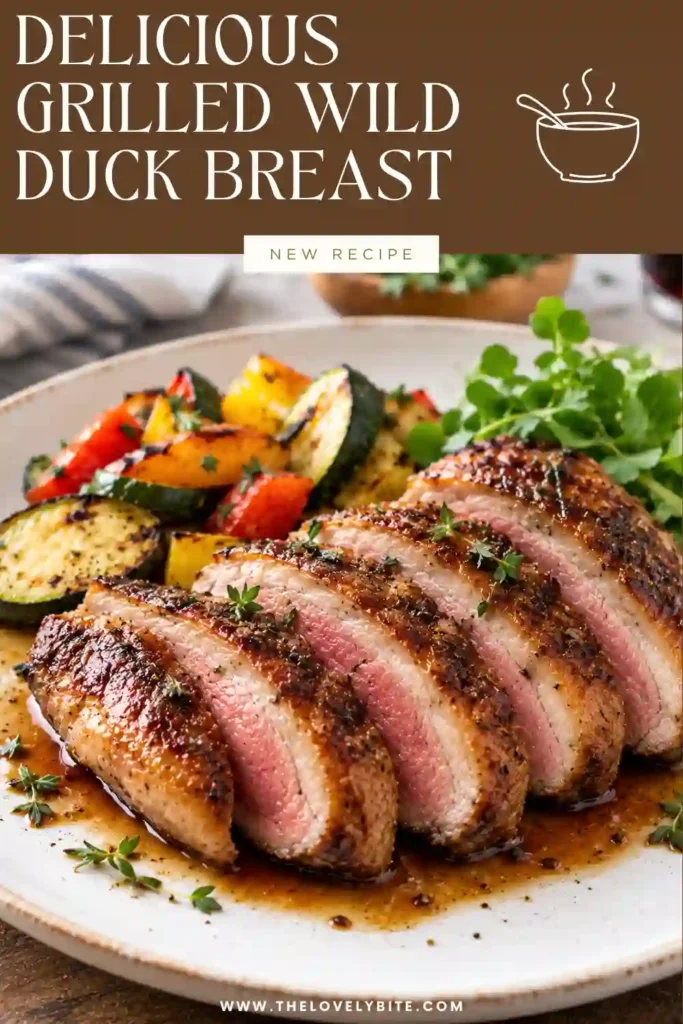Sliced wild duck breast prepared on the grill with garlic, olive oil, Worcestershire sauce, and black pepper. The grilled duck has a browned exterior and juicy center.