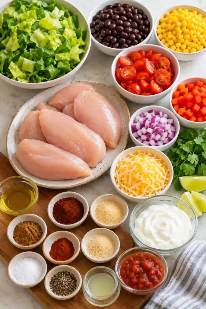 Fresh chicken salad bowl with spiced chicken breast, crisp lettuce, colorful vegetables, beans, corn, cheese, cilantro, and lime. This healthy taco salad recipe is served with creamy yogurt dressing.