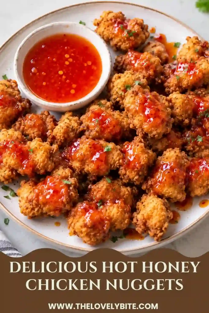 Crispy Hot Honey Chicken Nuggets coated in a glossy sweet and spicy honey-Sriracha sauce. The golden homemade chicken nuggets have a crunchy coating and tender chicken center.