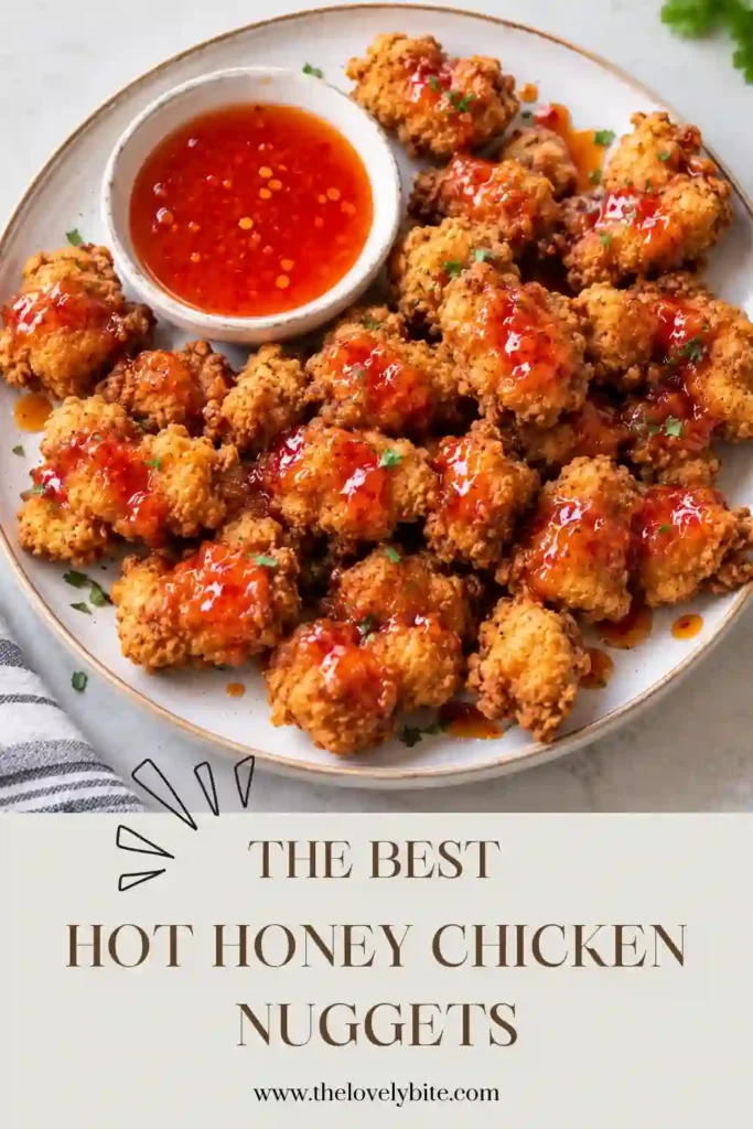 Homemade Hot Honey Chicken Nuggets served golden and crispy with spicy hot honey sauce for dipping. The crunchy chicken bites make an easy party snack or game day appetizer.