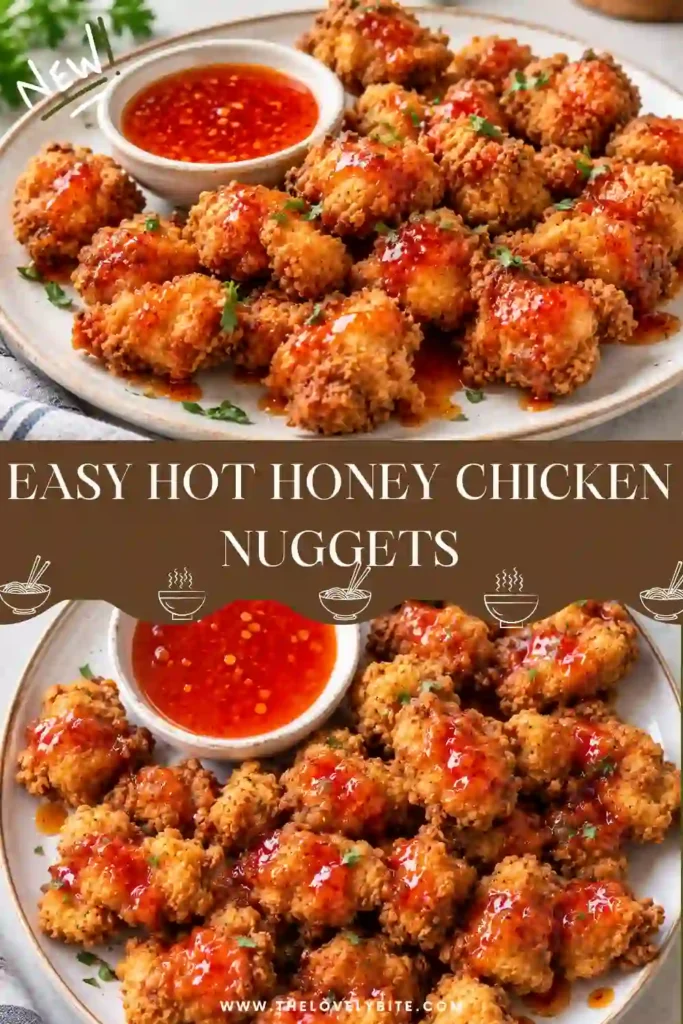 Crispy chicken nuggets made with seasoned buttermilk breading and finished with sticky hot honey sauce. These sweet and spicy chicken nuggets are golden brown and ready to serve.