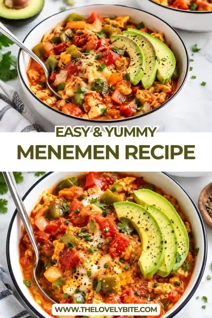 Turkish scrambled eggs cooked with juicy tomatoes, diced green peppers, onion, and Aleppo pepper. This easy Menemen is served warm with crusty bread for a comforting breakfast.