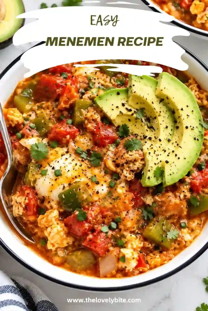 Close-up of a Menemen Recipe featuring creamy Turkish eggs with tomatoes and peppers. Fresh parsley and crumbled feta add color and texture to this traditional-inspired breakfast dish.
