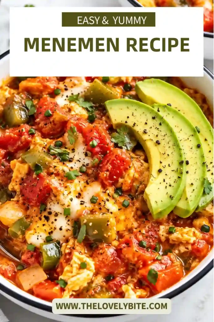 Freshly cooked Turkish eggs served in a skillet with tomatoes, green pepper, onion, and herbs. This easy Menemen breakfast has soft eggs and a rich tomato base perfect for dipping with bread.