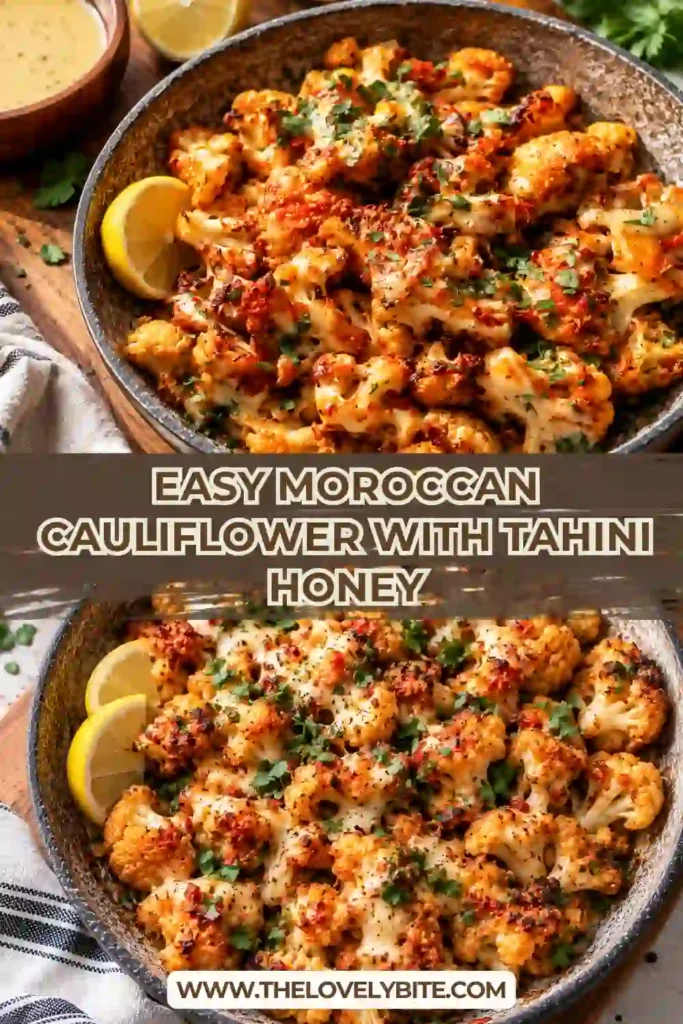 Moroccan Cauliflower roasted with harissa until golden and caramelized, then drizzled with creamy tahini honey sauce. Fresh parsley and lemon add color and brightness to the finished dish.