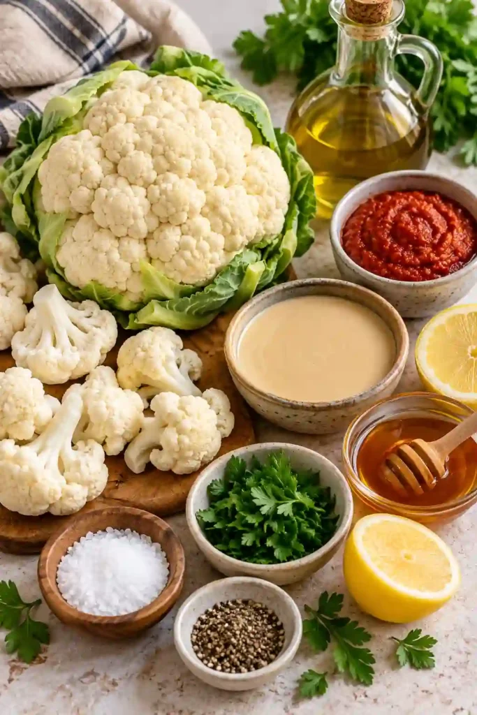 Roasted cauliflower with tahini honey sauce, mild harissa, lemon, and fresh parsley. The Moroccan-inspired cauliflower has caramelized edges and a vibrant red-orange coating.