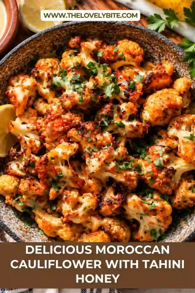 Roasted Moroccan cauliflower with crispy charred edges and a creamy tahini-honey drizzle. The harissa cauliflower is finished with fresh lemon and chopped parsley.
