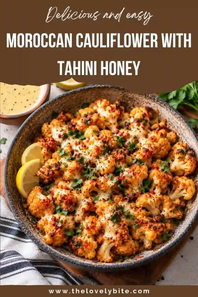Harissa cauliflower served on a platter with golden roasted florets and smooth tahini honey sauce. This Moroccan cauliflower recipe combines spicy, sweet, creamy, and tangy flavors.