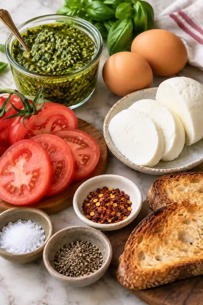 Pesto eggs served over toasted bread with ripe tomato slices and creamy fresh mozzarella. This easy Pesto Eggs Recipe features fragrant basil pesto and soft-cooked eggs for a Mediterranean-inspired breakfast.