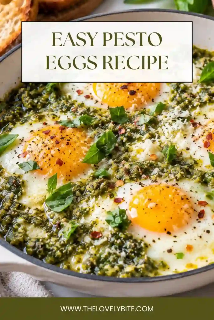 Homemade pesto eggs with mozzarella, vine-ripened tomato, and toasted bread. Fresh basil pesto surrounds the tender eggs for a colorful and flavorful breakfast.