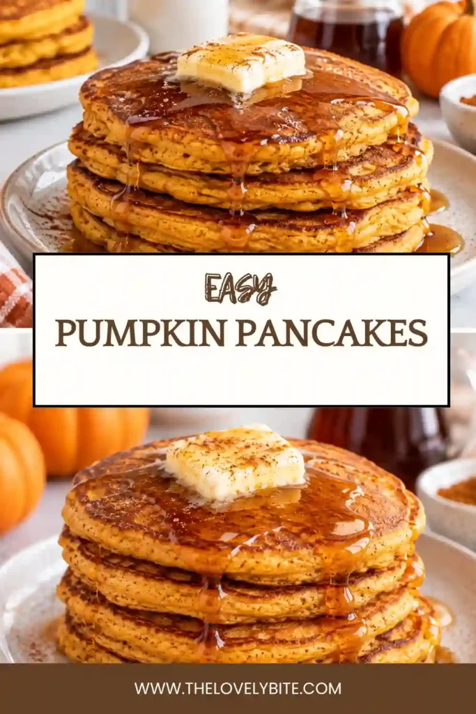 Fluffy Pumpkin Pancakes stacked on a plate and served warm with butter and maple syrup. These homemade pancakes feature pumpkin puree and cozy fall spices.
